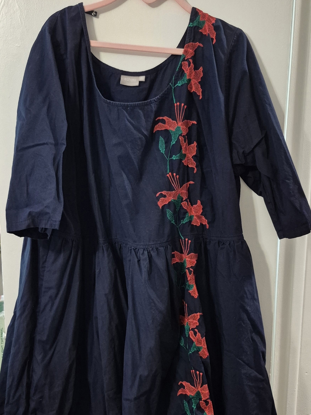 eshakti Navy Midi Dress with Coral & Green Embroidery